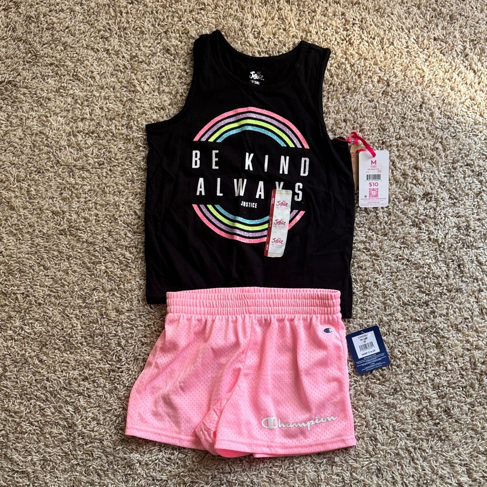 Justice Black Tank with Colorful Design and Champion Pink Shorts